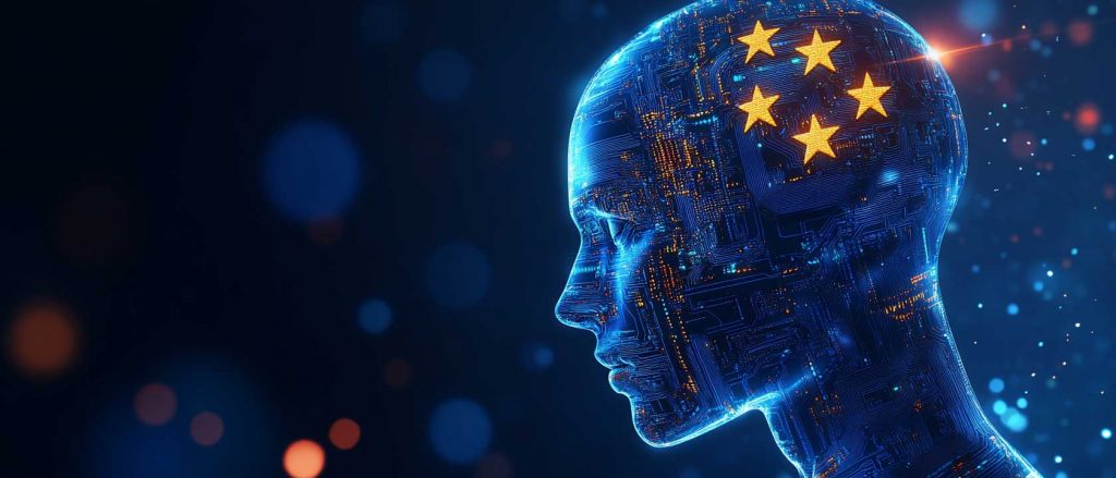 Futuristisches KI-Profil mit europäischen Symbolen als Sinnbild für den EU AI Act und KI-Governance in Unternehmen