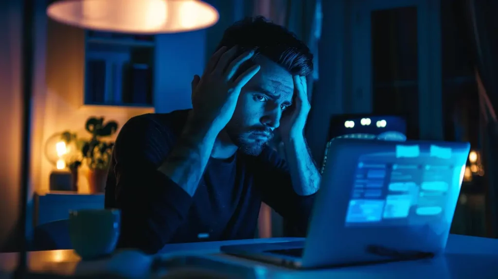 Unternehmer verzweifelt vor Laptop – Unternehmen in ChatGPT nicht sichtbar