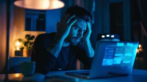 Unternehmer verzweifelt vor Laptop – Unternehmen in ChatGPT nicht sichtbar
